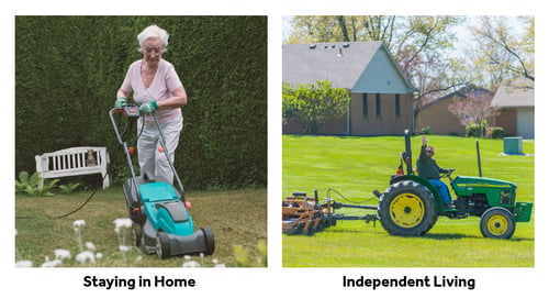 Woman aging in her current home mowing her lawn vs. a maintenance crew mowing.