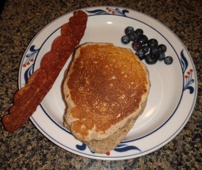Protein-packed pancakes, served with turkey bacon and blueberries