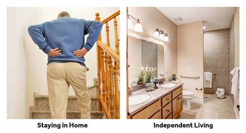 A man walking up stairs who hurt his back vs. a safe bathroom with bars to grab on to.