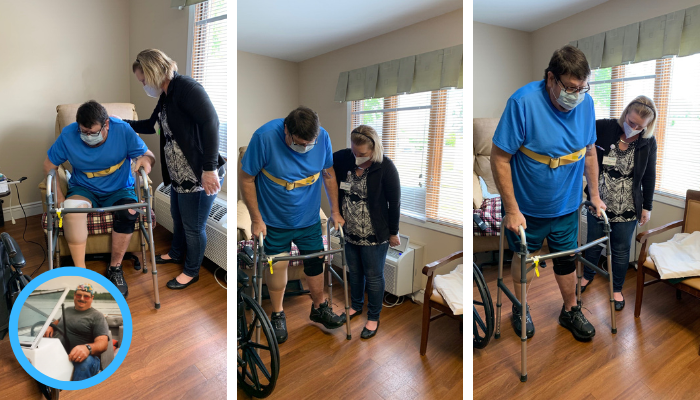  Three images of Otterbein Cridersville resident with aide during post surgery rehab and therapy