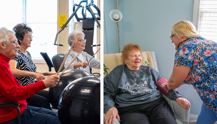 Senior residents at an Otterbein SeniorLife Community enjoying a workout and an elder at an Otterbein SeniorLife Neighborhood being cared for.