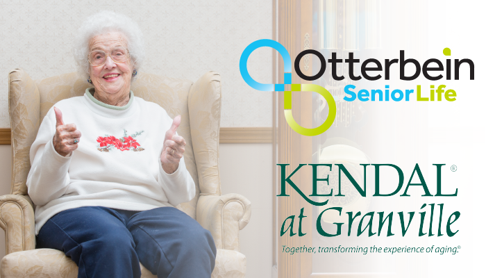 Otterbein resident with two thumbs up next to the Otterbein SeniorLife logo and the Kendal at Granville logo.