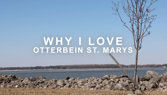Why I Love Otterbein St. Marys text written over image featuring Grand Lake St. Marys view from Otterbein in St. Marys, OH